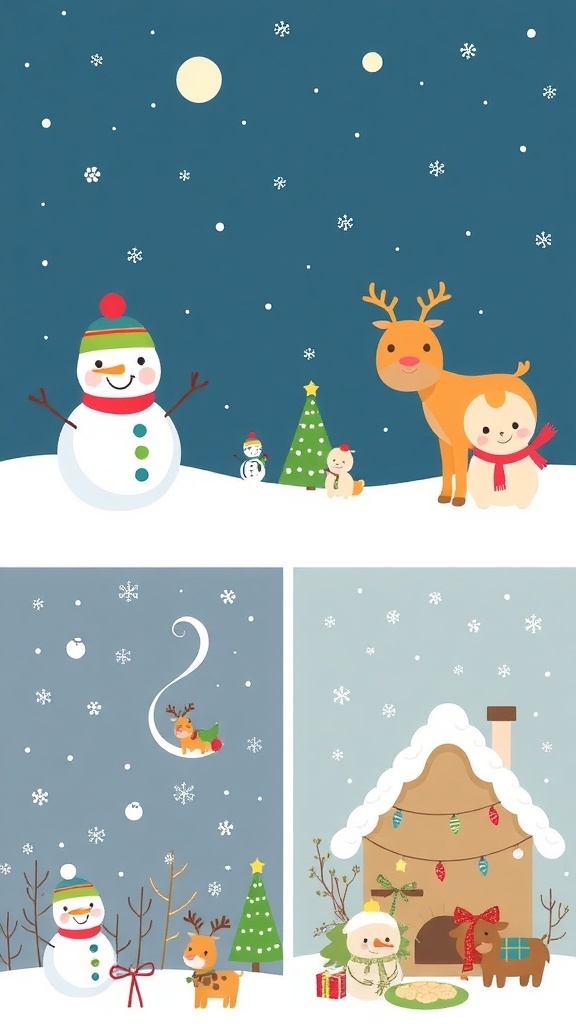 A variety of cute Korean Christmas wallpapers with snowmen, reindeer, and winter landscapes.